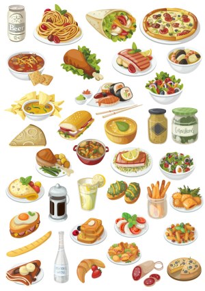Vector Illustrations of Various Food and Drink Items Free Vector