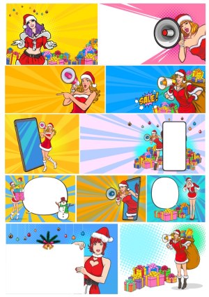 Christmas Sale Announcement Set with Women in Santa Outfits and Gift Boxes Free Vector