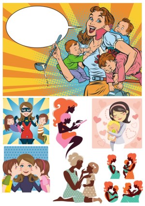 Diverse Illustrations of Motherhood and Parenting Free Vector
