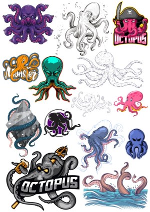 Collection of Stylized and Detailed Octopus Vector Illustrations Free Vector