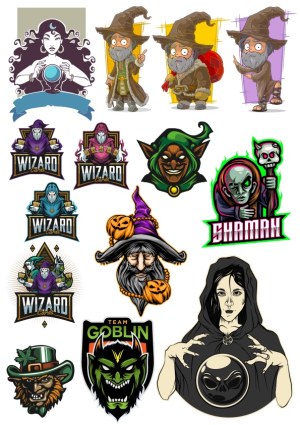 Collection of Fantasy Wizard, Witch, Shaman, and Goblin Characters Vector Illustrations and Logos Free Vector
