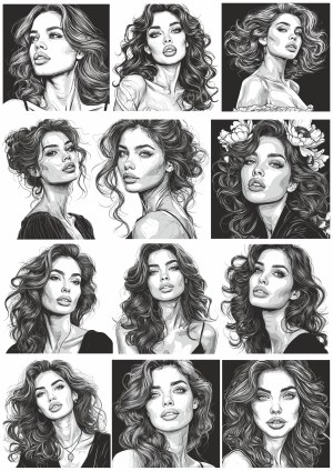 Monochrome Vector Portraits of Women with Curly Hair Free Vector