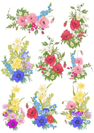 Colorful Floral Bouquet Vector Set with Poppies, Daffodils, and Wildflowers Free Vector