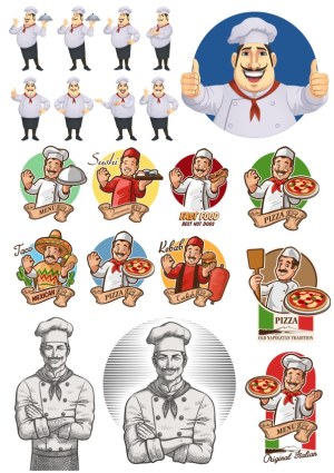 Cartoon and Vintage Chef Characters with Food Icons Free Vector