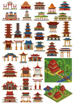 Asian Pagodas and Temple Buildings Vector Collection Free Vector