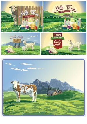 Milk Farm and Goat Milk Fresh Products Vector Collection Free Vector