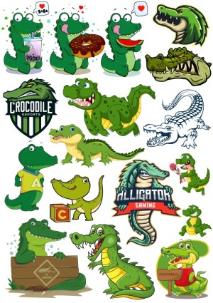 Collection of Cartoon and Esports Crocodile and Alligator Illustrations Free Vector