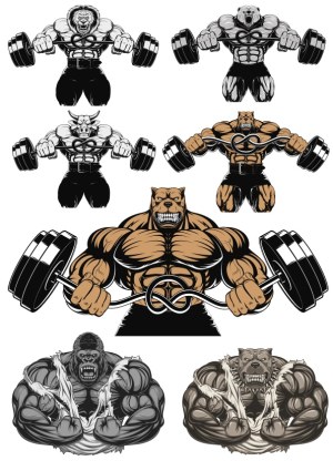 Muscular Animal Characters Lifting Weights Vector Set Free Vector