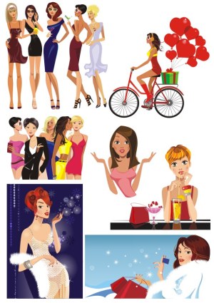 Stylish Women in Various Social and Fashionable Scenes Vector Set Free Vector