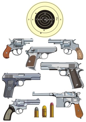 Detailed Vector Illustration of Various Pistols, Bullets, and Shooting Target Free Vector