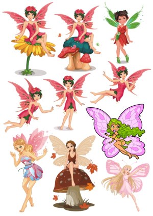 Cute Fantasy Fairies Sitting on Flowers and Mushrooms Free Vector