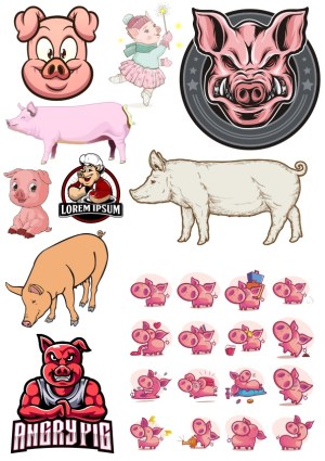 Collection of Various Pig Vector Illustrations and Pig Cartoons Free Vector