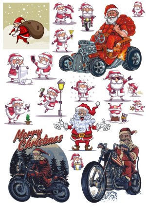 Stylized Santa Claus Collection with Motorcycles and Christmas Scenes Free Vector