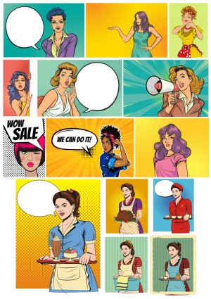 Pop Art Style Women with Speech Bubbles and Retro Service Scenes Free Vector