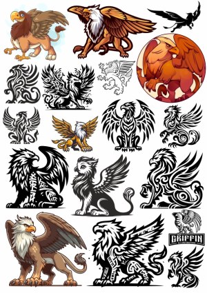 Collection of Griffin Vector Illustrations and Tribal Designs Free Vector