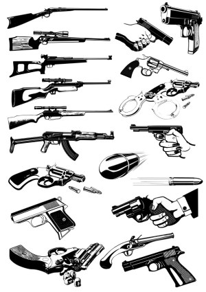 Collection of Black and White Firearms and Ammunition Vector Illustrations Free Vector