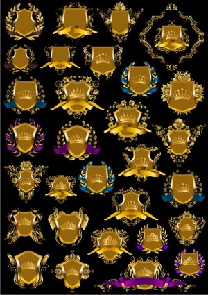 Golden Heraldic Shields with Crowns and Decorative Banners Free Vector