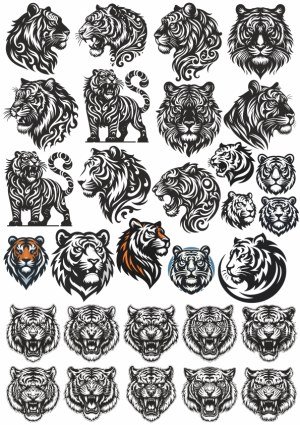 Collection of Stylized Tiger and Lion Vector Head Logos and Designs Free Vector