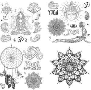Yoga and Meditation Decorative Vector Set with Mandalas, Dreamcatcher, and Om Symbols Free Vector