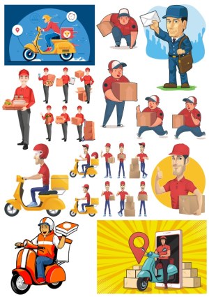 Delivery Service Characters and Scooter Illustrations Free Vector
