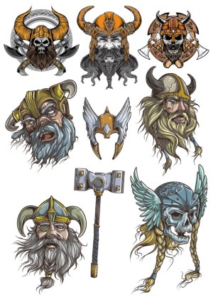 Set of Viking Warrior and Skull Helmets with Axes and Hammer Free Vector