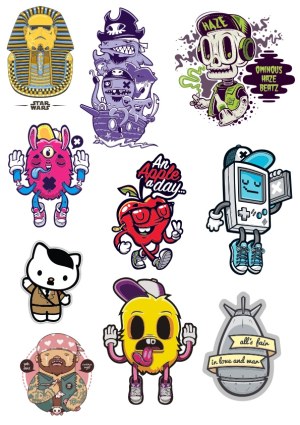 Colorful Cartoon Character Sticker Set with Skull, Apple, Robot, and Pirate Themes Free Vector
