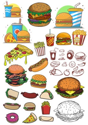 Vector Set of Fast Food Items Including Burgers, Pizza, Hot Dogs, and Drinks Free Vector