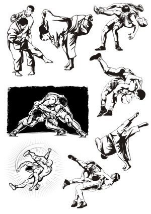 Collection of Wrestling and Martial Arts Action Poses Vector Illustrations Free Vector