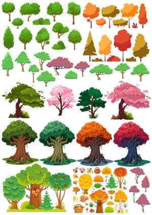 Collection of Cartoon Trees in Various Seasons and Styles Free Vector