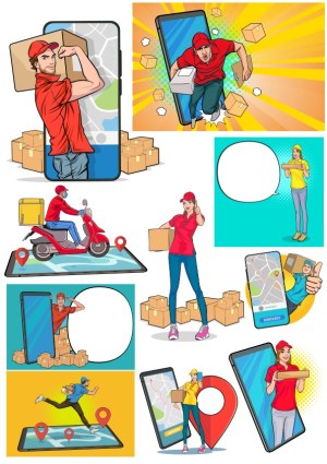 Delivery Service Workers and Online Food and Parcel Delivery Concepts Vector Set Free Vector