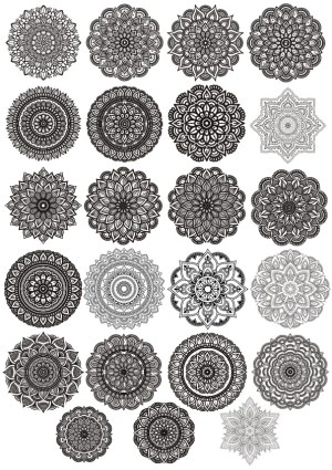 Set of 25 Detailed Black and White Mandala Vector Designs Free Vector