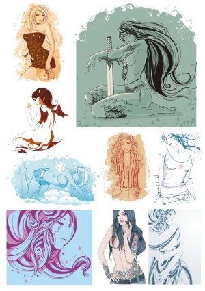 Collection of Stylized Female Vector Illustrations with Fantasy and Modern Themes Free Vector