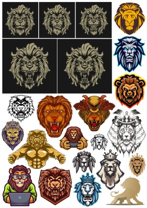 Collection of Stylized Lion Head and Full-Body Vector Illustrations Free Vector