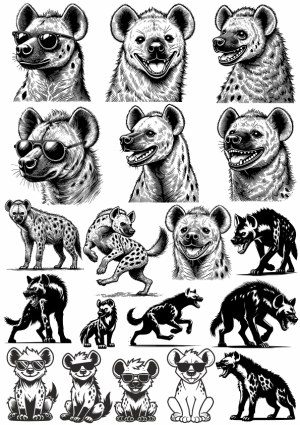 Detailed Black and White Hyena Vector Illustrations Free Vector