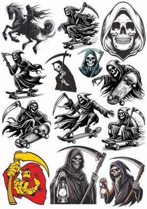 Grim Reaper Skateboarding and Riding Horse Vector Illustrations Free Vector