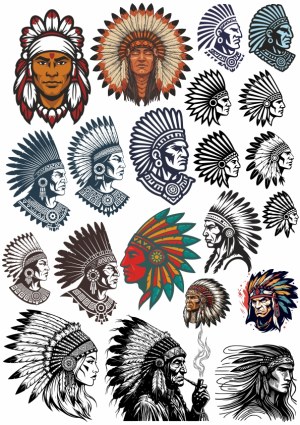 Collection of Native American Chief Head Illustrations Free Vector