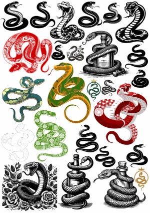 Decorative Snake Illustration Collection with Bottles and Floral Elements Free Vector
