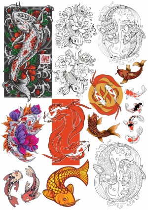 Koi Fish Vector Illustrations Collection with Coloring Pages and Floral Elements Free Vector