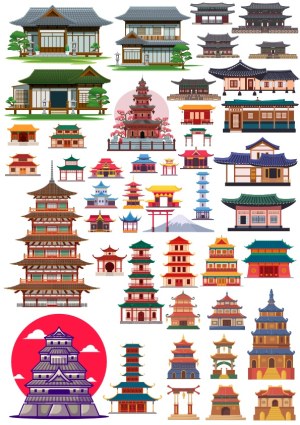 Collection of Traditional Asian Temple and Pagoda Vector Illustrations Free Vector