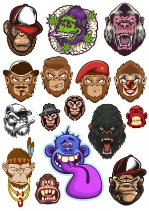 Collection of Expressive Cartoon Ape and Gorilla Heads Free Vector