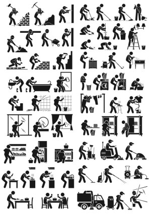 Set of Black Silhouette Icons Showing Various Housework and Construction Activities Free Vector