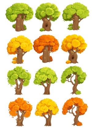 Set of Cartoon Trees in Green, Yellow, and Orange Foliage Free Vector
