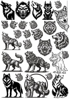 Variety of Howling and Fierce Wolf Vector Illustrations Free Vector
