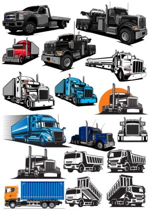 Collection of Vector Illustrations Featuring Various Trucks and Heavy Vehicles Free Vector