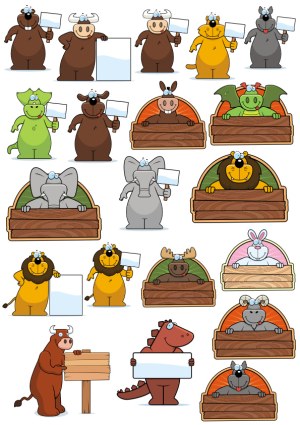 Cartoon Animals Holding Blank Signs and Wooden Boards Free Vector