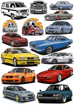 Collection of Vector Illustrated Cars and Vans Free Vector