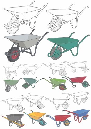 Various Styles and Colors of Wheelbarrows Vector Set Free Vector