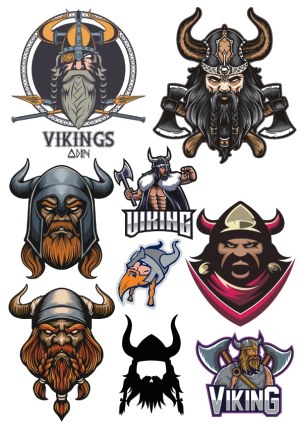 Vector Collection of Viking Warrior Head Illustrations with Helmets and Axes Free Vector