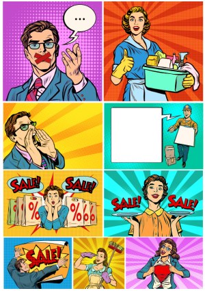 Pop Art Business and Cleaning Sale Comic Strip Vector Free Vector