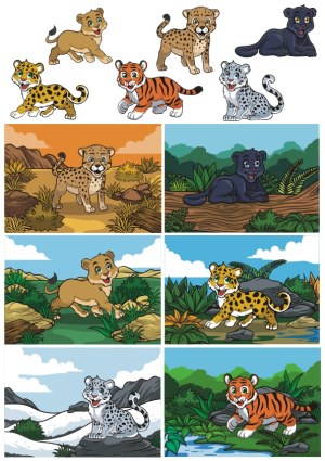 Cute Baby Big Cats in Various Natural Habitats Vector Set Free Vector